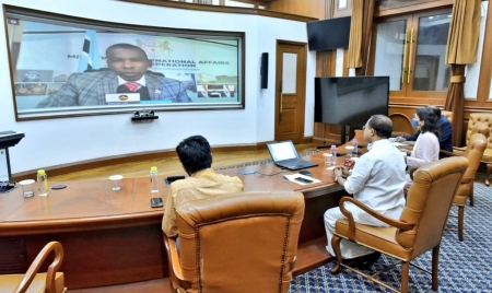 GABORONE: Virtual interaction between Minister of State for External Affairs & Dr. Lemogang Kwape, Minister of International Affairs and Cooperation, Botswana