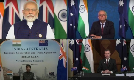CANBERRA: Prime Minister witnesses signing of the India-Australia Economic Cooperation and Trade Agreement-“IndAus ECTA”